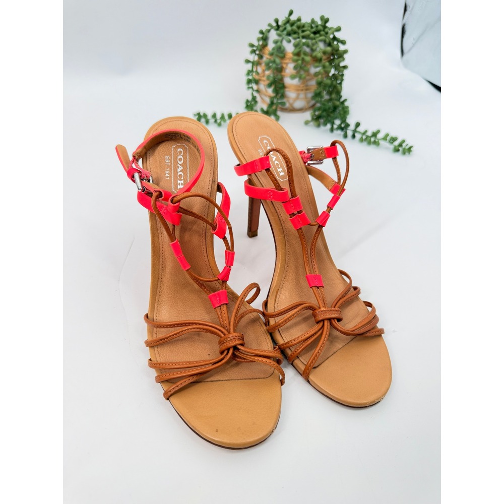 Coach Lana Sandals Womens 7.5 Tan Pink Strappy Neon Stiletto Heels Q1880